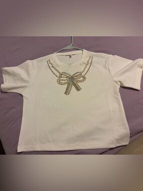 Pastels White Tee with Pearl & Crystal Trim